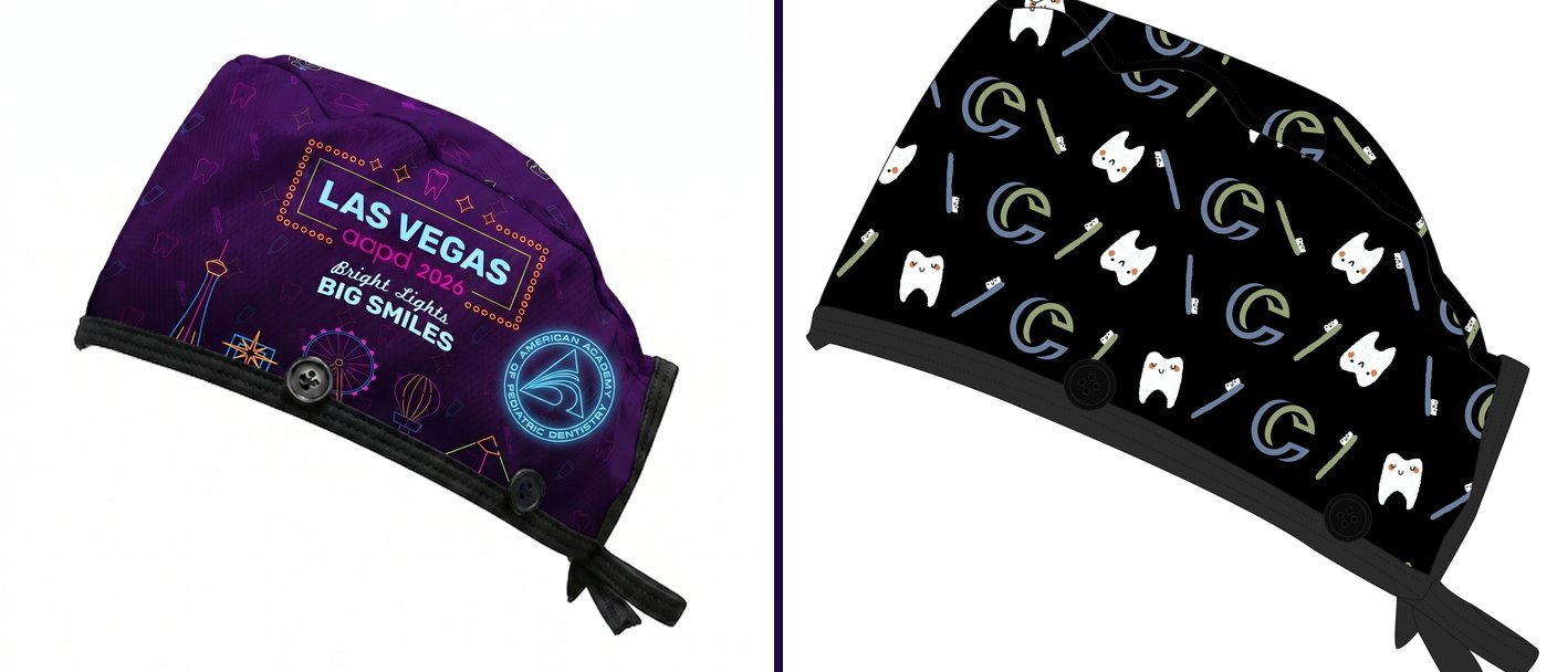 Custom AAPD 2026 themed scrub cap next to a dental practice's logo-branded cap