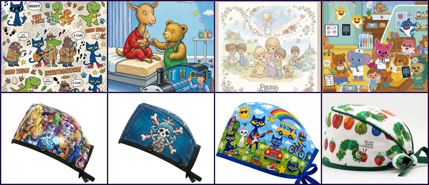 Licensed children's IP scrub cap collections — Pete the Cat, Hungry Caterpillar, Llama Llama, and more