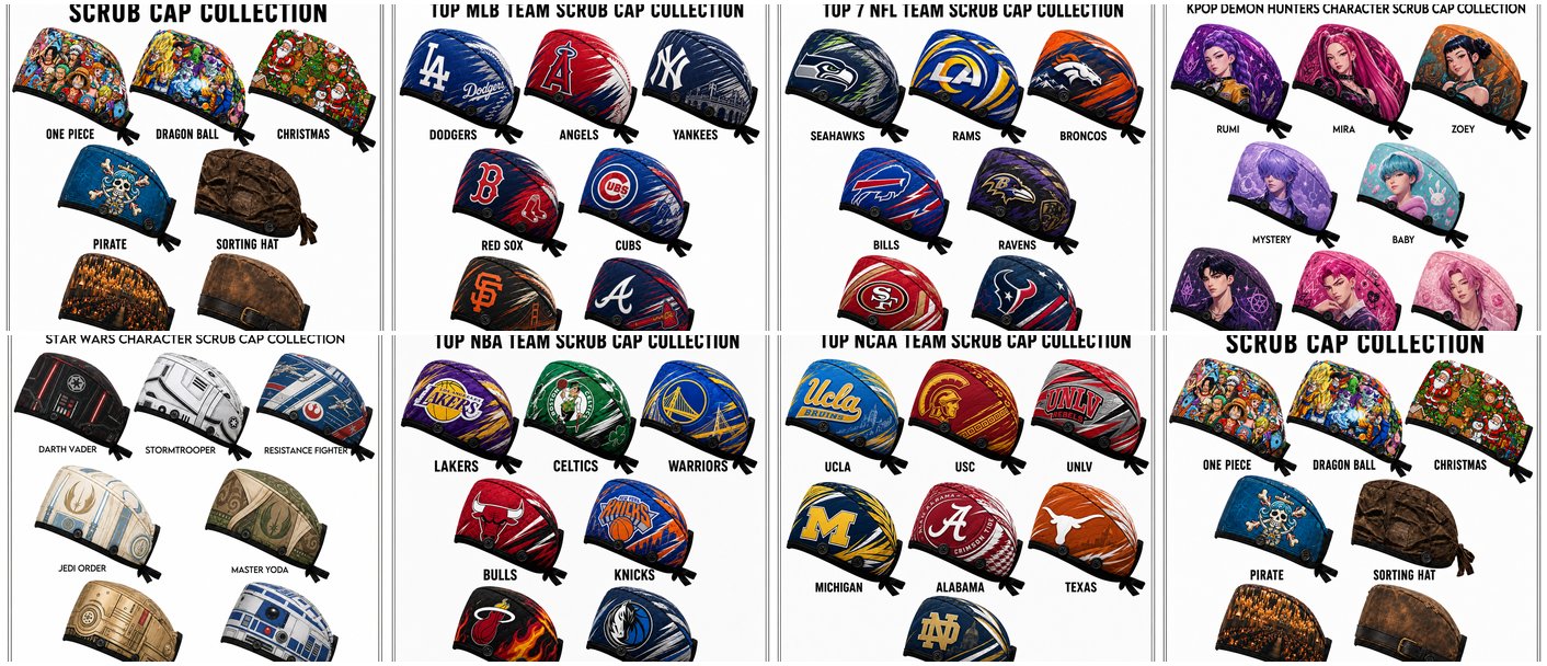 Themed performance scrub caps — licensed IP collections