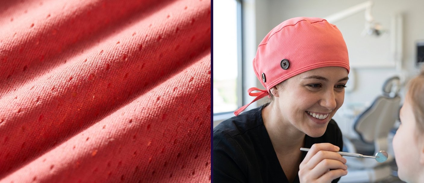 Side-by-side: a swimmer in a coral performance cap at poolside, and a pediatric dental hygienist in the same coral cap leaning toward a young patient. Same fabric, two worlds.
